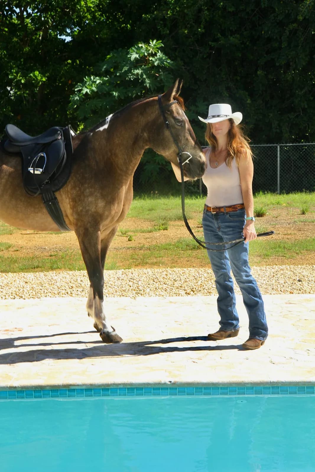 Standing with a horse at the edge of the pool deck