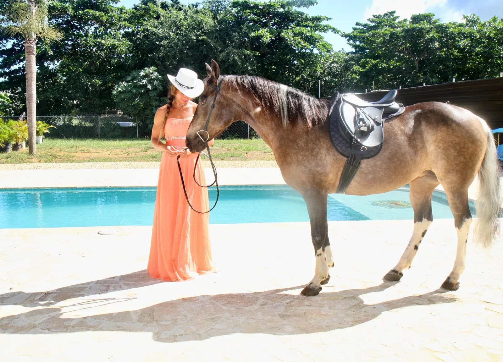 Portrait in an orange dress beside the pool with a tacked horse